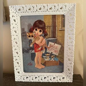 Vintage 1960s Big Eye Girl “Free Kittens” Print by Lee – Mid Century Wall Art